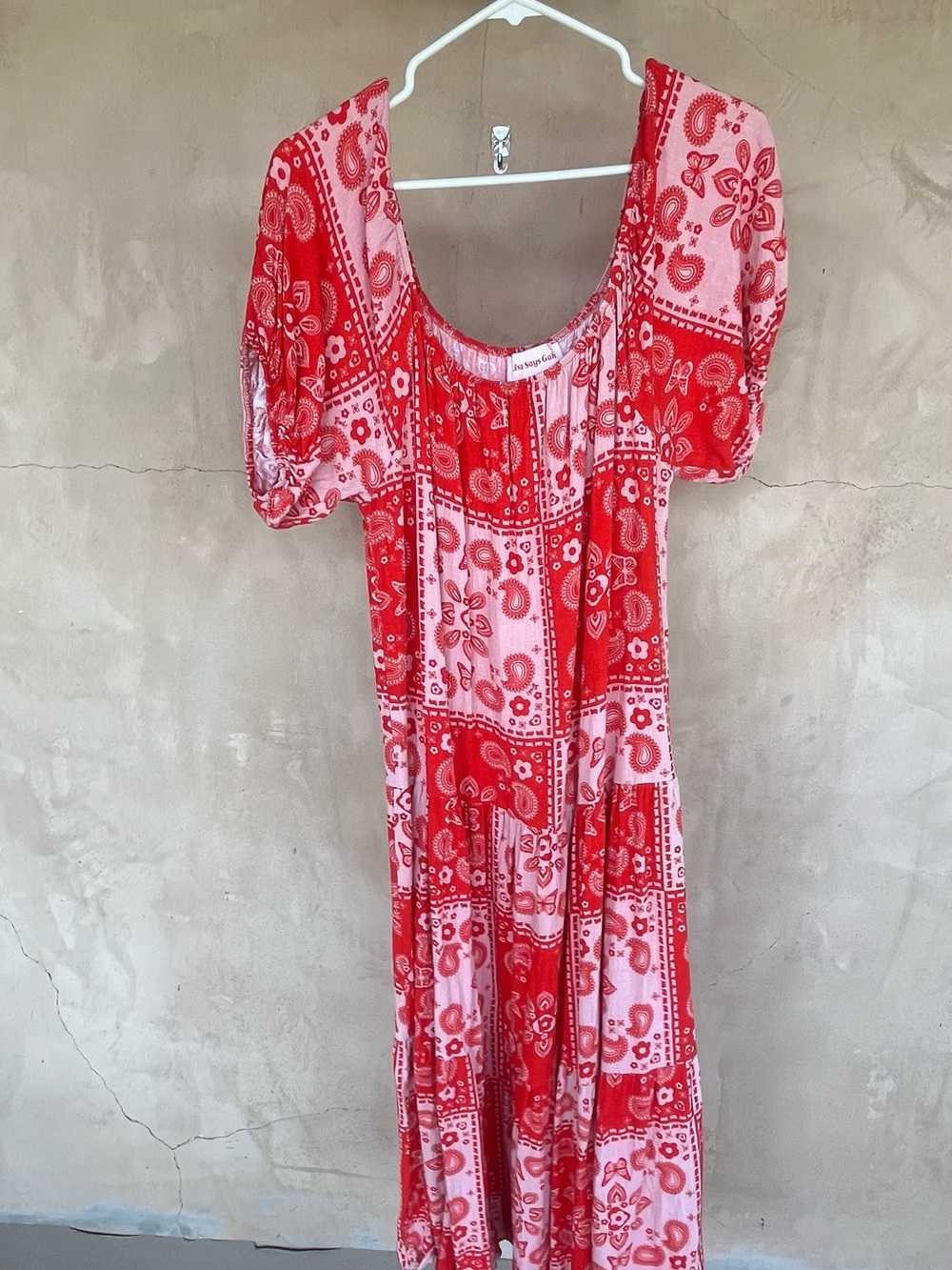 Lisa Says Gah Red Printed Maxi Dress with Puff Sleeves